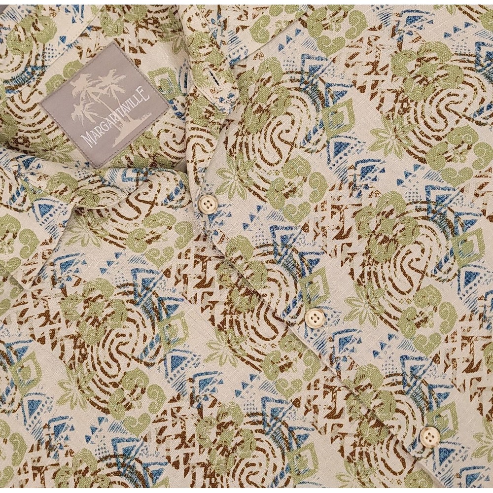 Margaritaville Shirt Mens 2XL Blue Green Brown Silk Linen Hawaiian Floral Casual